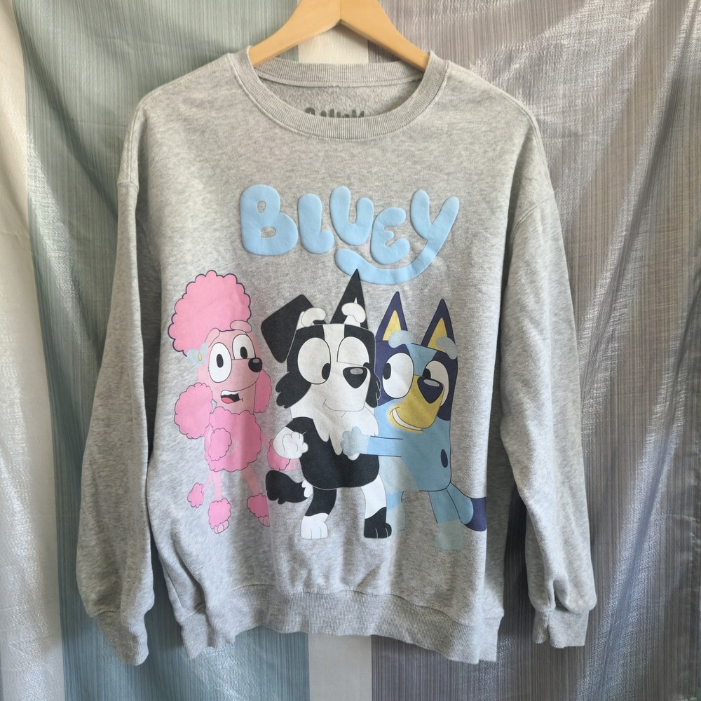 Bluey Best Buddies Heather Gray Graphic Sweatshirt Hybrid Apparel L Cozy Cartoon